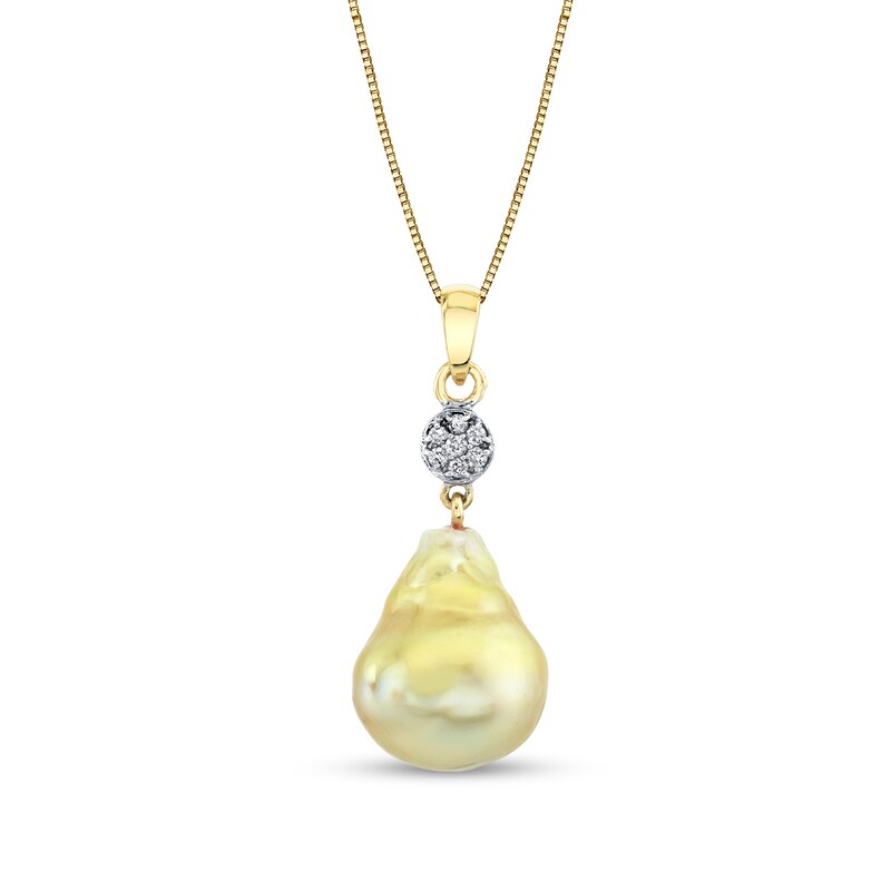 Main Image 1 of 12.0mm Baroque Golden South Sea Cultured Pearl and 1/15 CT. T.W. Multi-Diamond Drop Pendant in 14K Gold