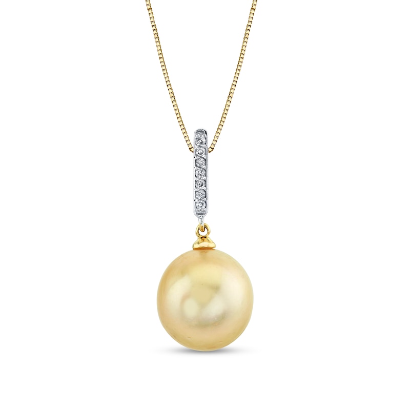 Main Image 1 of 11.0mm Golden South Sea Cultured Pearl and 1/20 CT. T.W. Diamond Stick Drop Pendant in 14K Gold