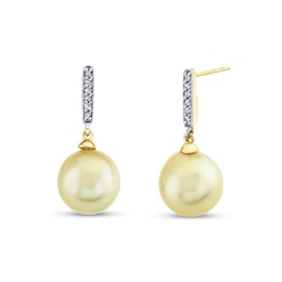 10.0mm Golden Cultured South Sea Pearl and 1/10 CT. T.W. Diamond Stick Drop Earrings in 14K Gold