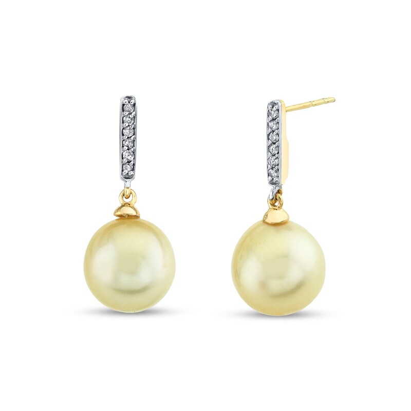 Main Image 1 of 10.0mm Golden South Sea Cultured Pearl and 1/10 CT. T.W. Diamond Stick Drop Earrings in 14K Gold