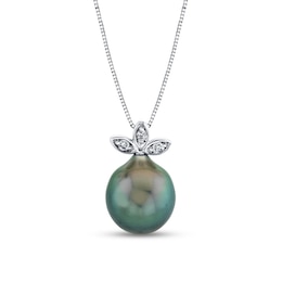 10.0mm Black Cultured Tahitian Pearl and 1/20 CT. T.W. Diamond Leaf-Top Pendant in 14K White Gold