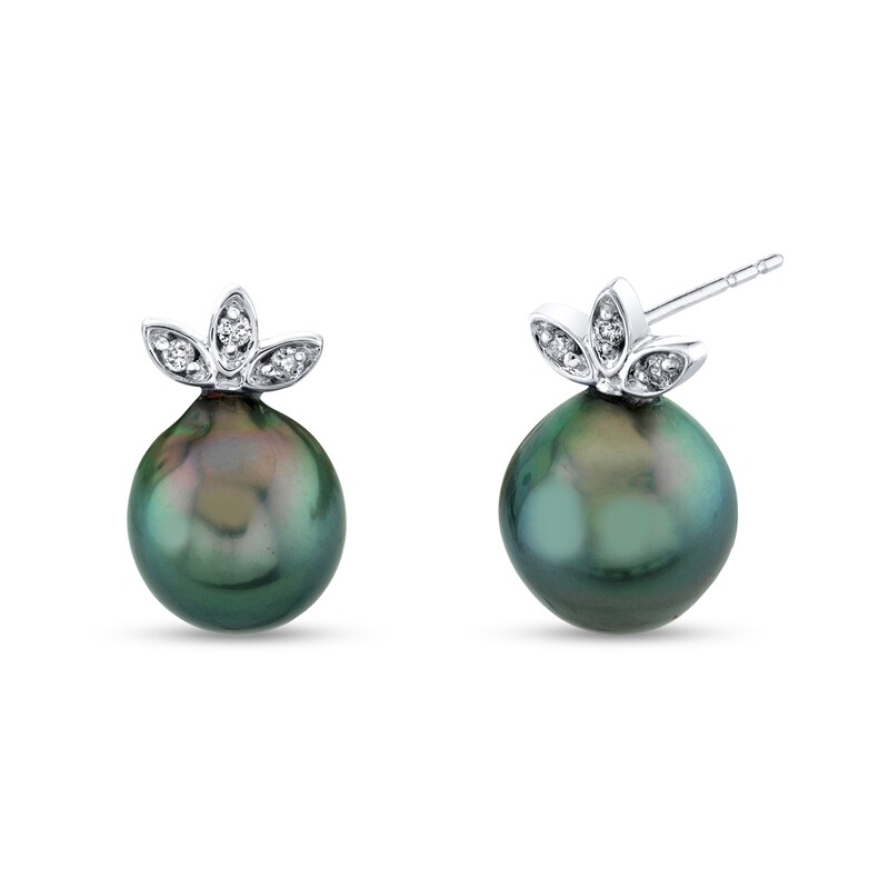 Main Image 1 of 9.0mm Black Tahitian Cultured Pearl and 1/20 CT. T.W. Diamond Leaf-Top Stud Earrings in 14K White Gold