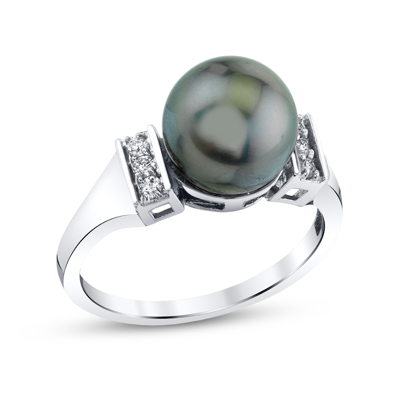 Main Image 1 of 9.0mm Black Tahitian Cultured Pearl and 1/10 CT. T.W. Diamond Tension Collar Ring in 10K White Gold