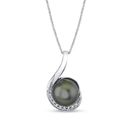 9.0mm Black Cultured Tahitian Pearl and 1/10 CT. T.W. Diamond Curly Drop Pendant in 14K White Gold
