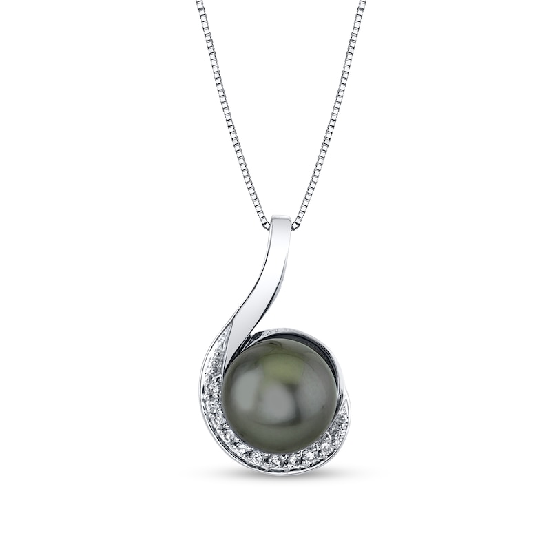 Main Image 1 of 9.0mm Black Tahitian Cultured Pearl and 1/10 CT. T.W. Diamond Curly Drop Pendant in 14K White Gold