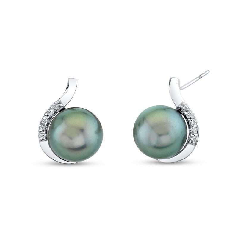 Main Image 1 of 9.0mm Black Tahitian Cultured Pearl and 1/10 CT. T.W. Diamond Curly Drop Earrings in 14K White Gold