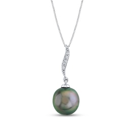 10.0mm Black Tahitian Cultured Pearl and Diamond Accent Thin Flame Drop Pendant in 14K White Gold