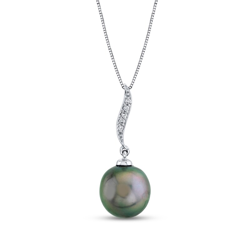 Main Image 1 of 10.0mm Black Tahitian Cultured Pearl and Diamond Accent Thin Flame Drop Pendant in 14K White Gold