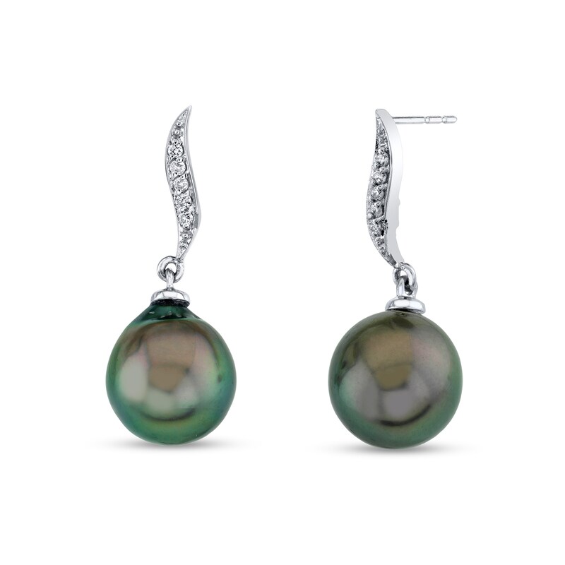 Main Image 1 of 10.0mm Black Tahitian Cultured Pearl and 1/15 CT. T.W. Diamond Thin Flame Drop Earrings in 14K White Gold
