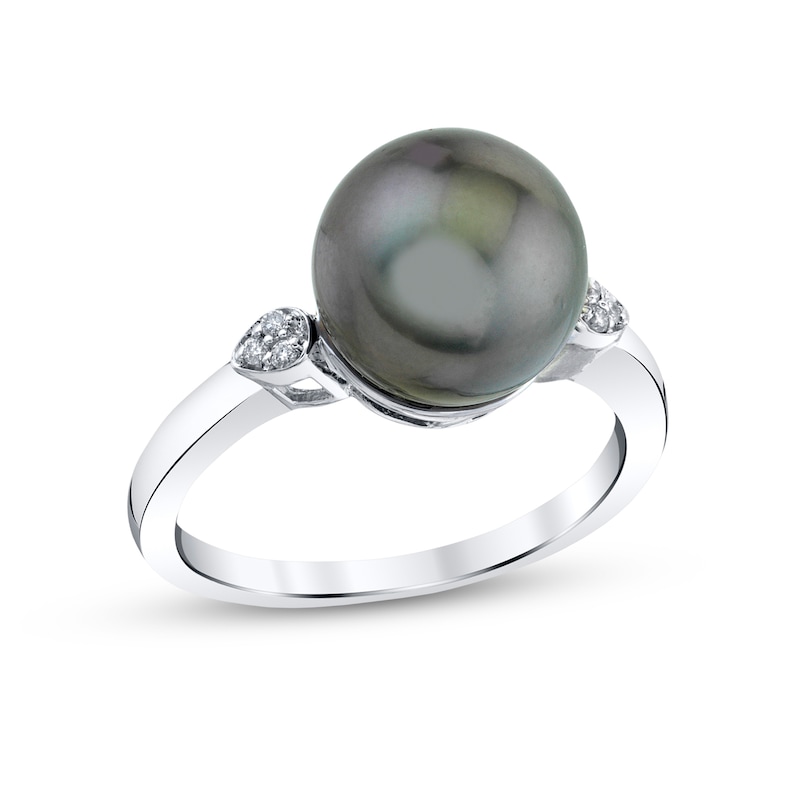 10.0mm Black Cultured Tahitian Pearl and Diamond Accent Ring in 10K ...