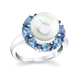 10.0mm Cultured Freshwater Pearl and Oval Tanzanite Frame Ring in Sterling Silver