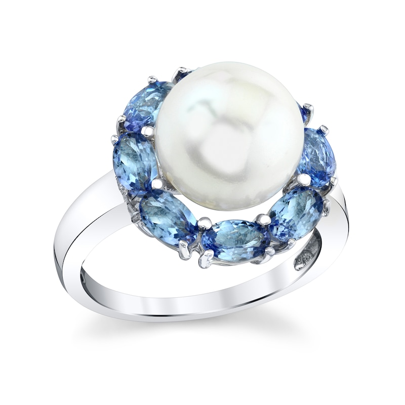 Main Image 1 of 10.0mm Freshwater Cultured Pearl and Oval Tanzanite Frame Ring in Sterling Silver