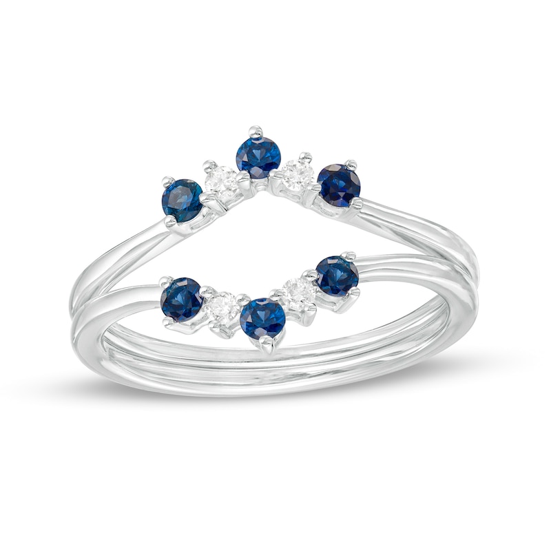 Blue Sapphire and 1/15 CT. T.W. Diamond Five Stone Alternating Contour Two Piece Solitaire Enhancer in 14K White Gold