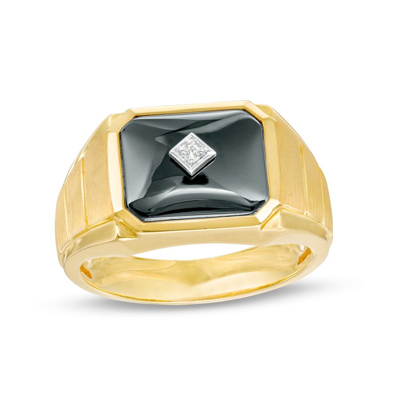 Main Image 1 of Men's Emerald-Cut Onyx and Diamond Accent Grooved Shank Ring in 10K Gold