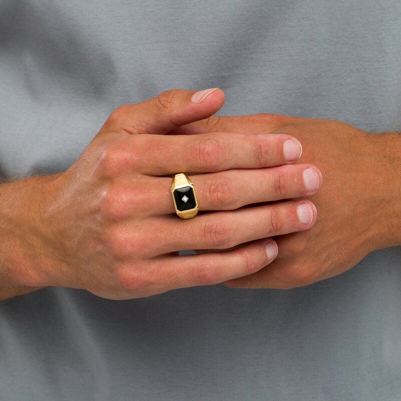 Main Image 2 of Men's Emerald-Cut Onyx and Diamond Accent Grooved Shank Ring in 10K Gold