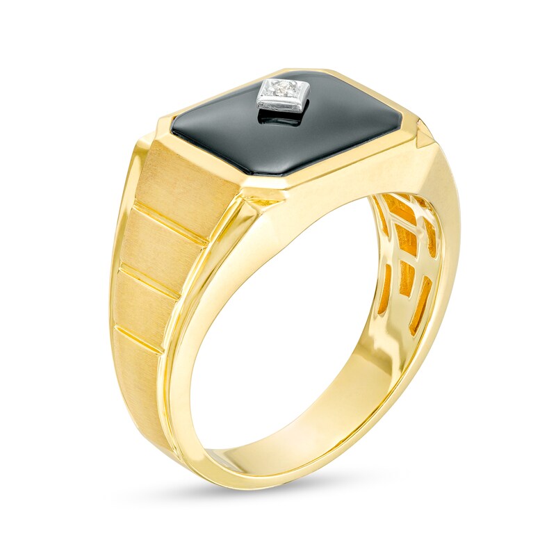 Main Image 3 of Men's Emerald-Cut Onyx and Diamond Accent Grooved Shank Ring in 10K Gold