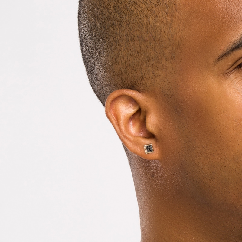 Main Image 2 of Men's 1/4 CT. T.W. Square-Shaped Black Multi-Diamond Stud Earrings in 10K Gold