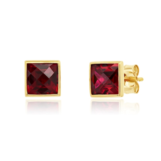 Princess-Cut Lab-Created Ruby Polished Frame Stud Earrings in 10K Gold
