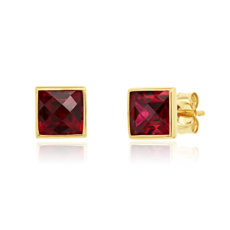 Main Image 1 of Princess-Cut Lab-Created Ruby Polished Frame Stud Earrings in 10K Gold
