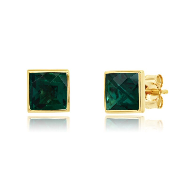 Main Image 1 of Princess-Cut Lab-Created Emerald Polished Frame Stud Earrings in 10K Gold