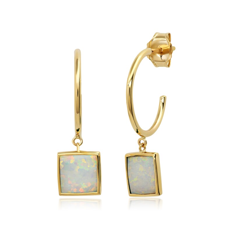 Main Image 1 of Princess-Cut Lab-Created Opal Dangle J-Hoop Earrings in 10K Gold