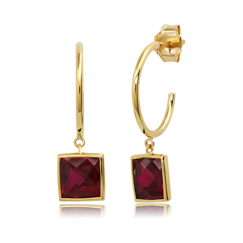 Main Image 1 of Princess-Cut Lab-Created Ruby Dangle J-Hoop Earrings in 10K Gold