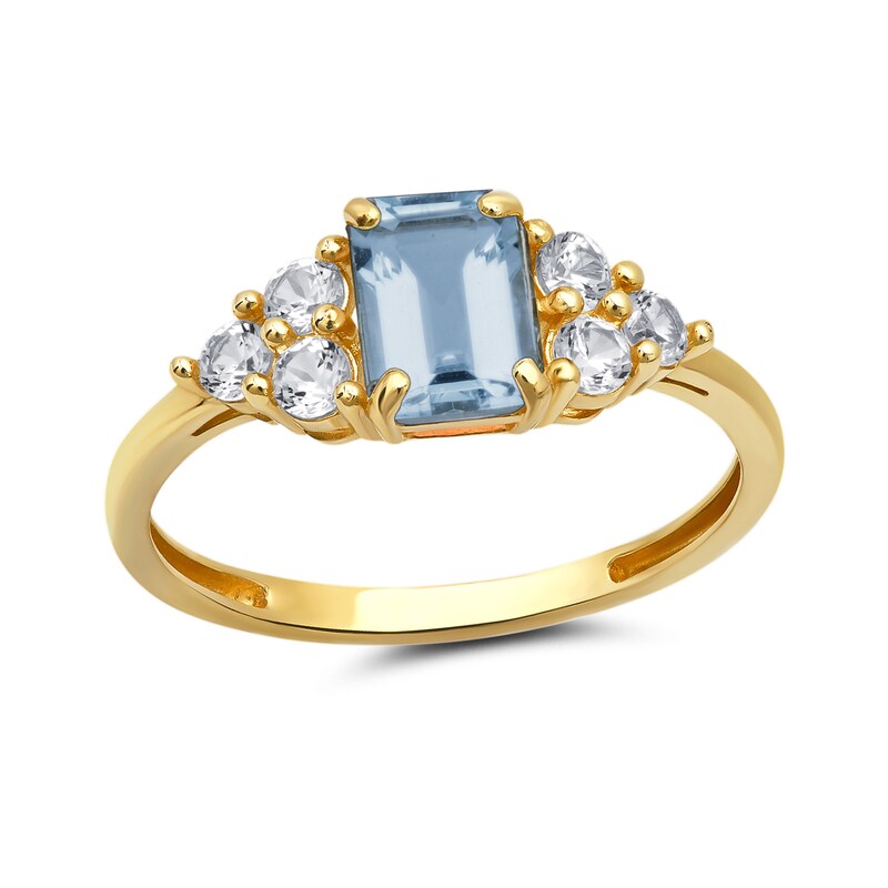 Main Image 1 of Emerald-Cut Aquamarine and White Sapphire Tri-Sides Ring in 10K Gold