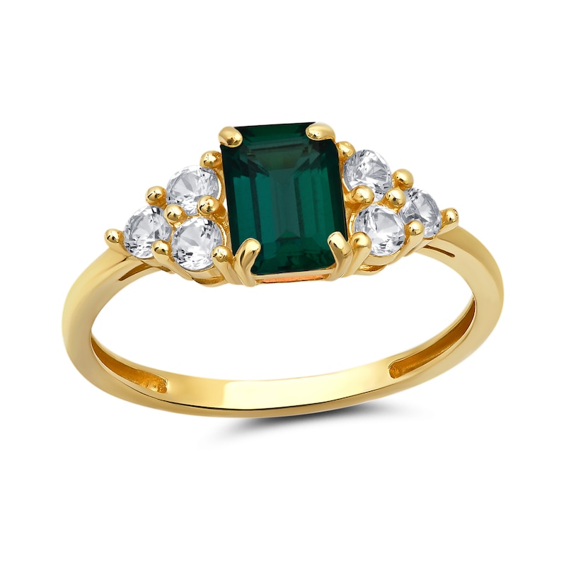 Main Image 1 of Emerald-Cut Lab-Created Emerald and White Sapphire Tri-Sides Ring in 10K Gold