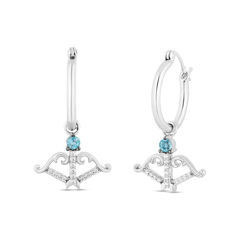 Main Image 1 of Enchanted Disney Merida Blue Topaz and 1/10 CT. T.W. Diamond Bow Dangle Hoop Earrings in Sterling Silver