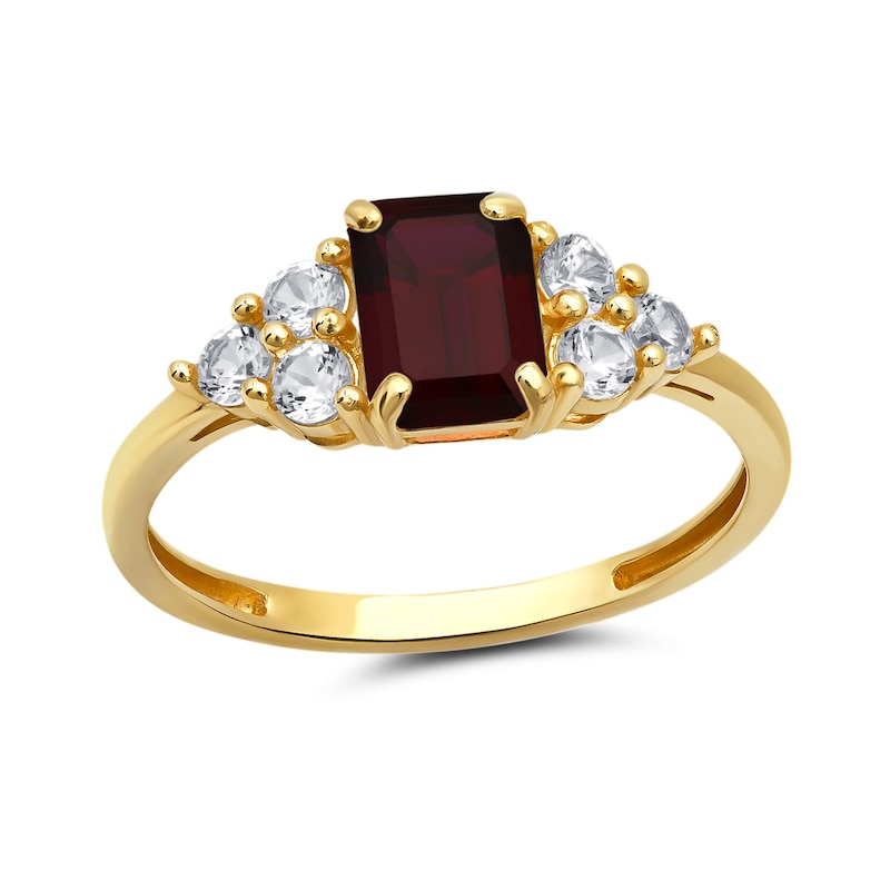 Main Image 1 of Emerald-Cut Lab-Created Ruby and White Sapphire Tri-Sides Ring in 10K Gold
