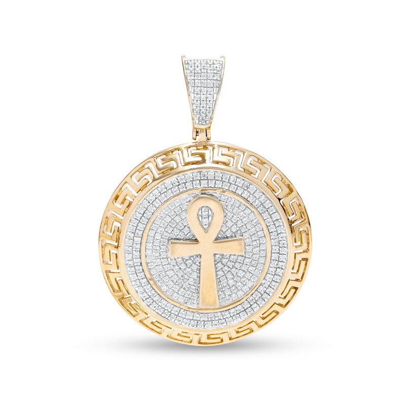 Main Image 1 of 7/8 CT. T.W. Diamond Greek Key Frame Ankh Necklace Charm in 10K Gold
