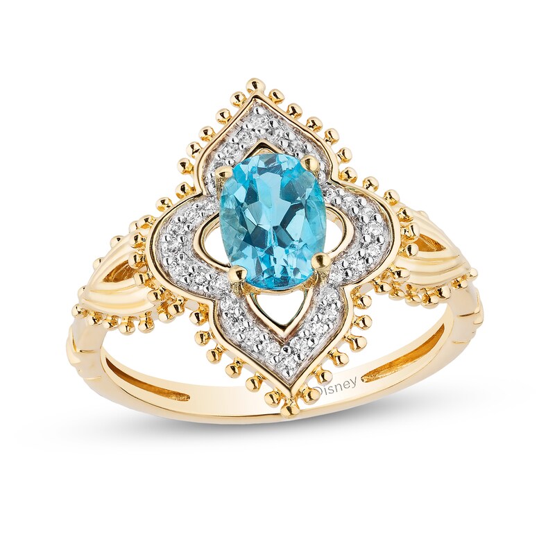 Main Image 1 of Enchanted Disney Jasmine Oval Swiss Blue Topaz and 1/10 CT. T.W. Diamond Ornate Ring in 10K Gold