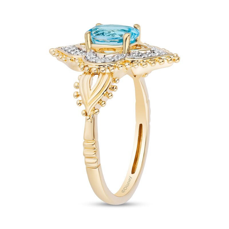 Main Image 2 of Enchanted Disney Jasmine Oval Swiss Blue Topaz and 1/10 CT. T.W. Diamond Ornate Ring in 10K Gold