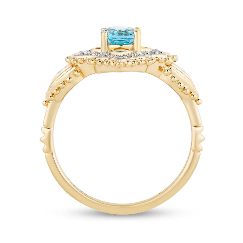 Main Image 3 of Enchanted Disney Jasmine Oval Swiss Blue Topaz and 1/10 CT. T.W. Diamond Ornate Ring in 10K Gold