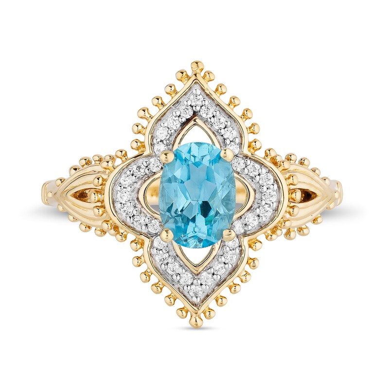 Main Image 4 of Enchanted Disney Jasmine Oval Swiss Blue Topaz and 1/10 CT. T.W. Diamond Ornate Ring in 10K Gold