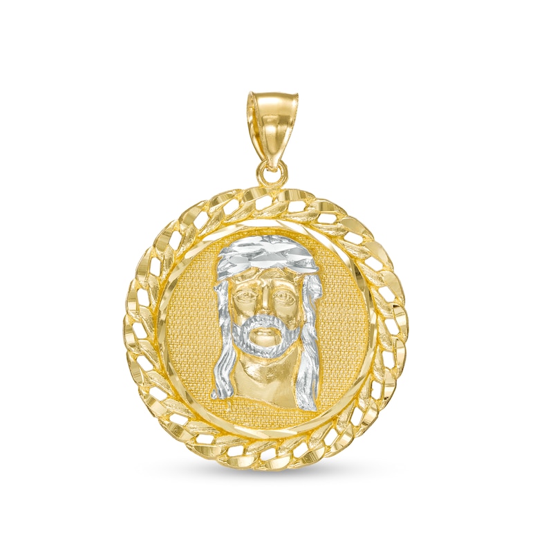 Main Image 1 of Multi-Finish Curb-Style Chain Link Frame Jesus Medallion Necklace Charm in 10K Two-Tone Gold
