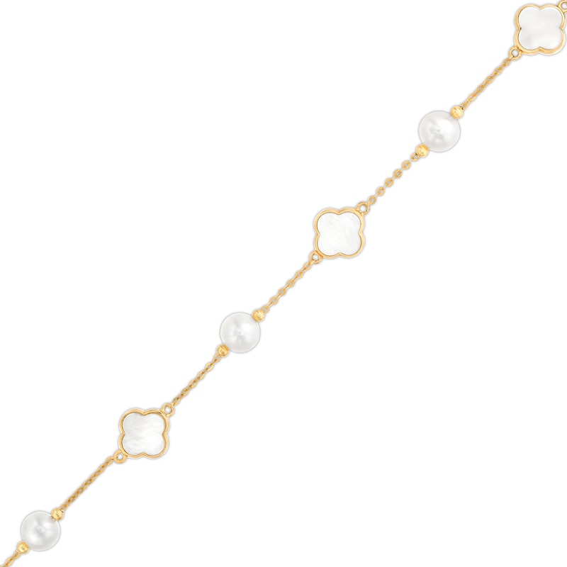 Main Image 1 of EFFY™ Collection Freshwater Cultured Pearl and Clover-Shaped Mother-of-Pearl Alternating Station Bracelet in 14K Gold