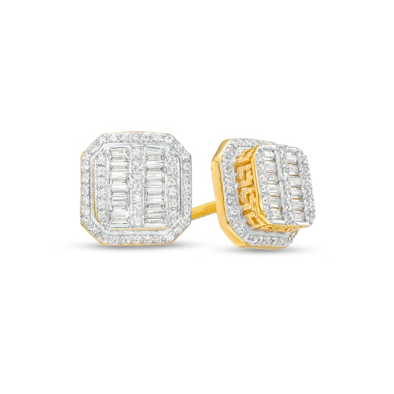 Main Image 1 of Men's 1/2 CT. T.W. Baguette and Round Multi-Diamond Octagonal Frame Stud Earrings in 10K Gold