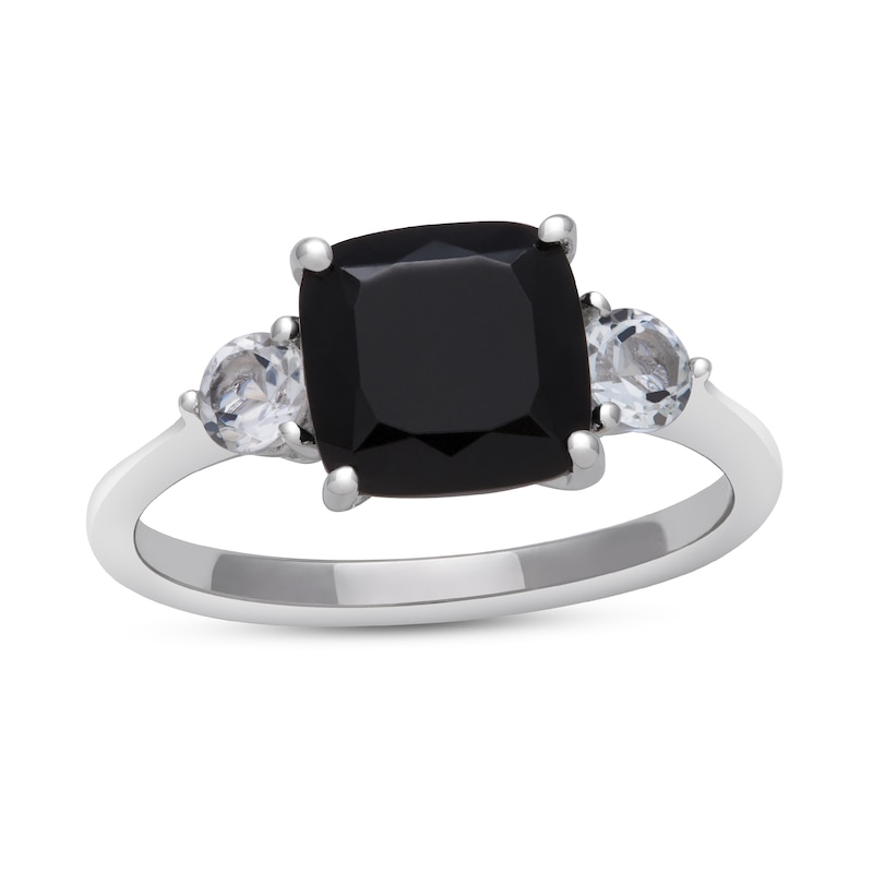 Main Image 1 of 8.0mm Cushion-Cut Onyx and White Topaz Ring in Sterling Silver