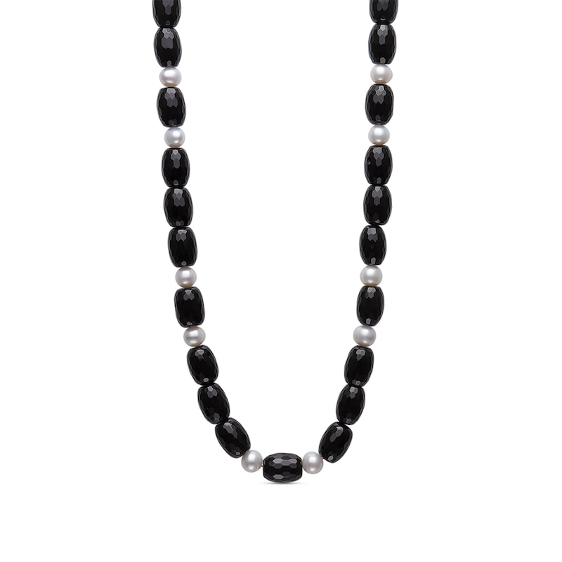 Main Image 1 of Elongated Faceted Onyx and Freshwater Cultured Pearl Necklace with Sterling Silver Clasp-24"