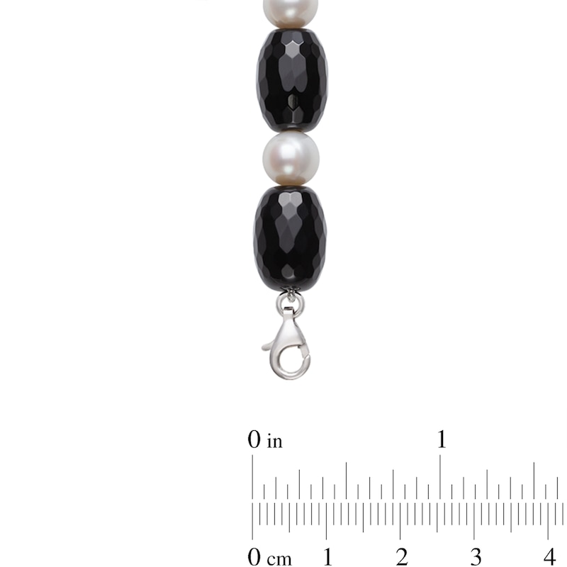 Main Image 2 of Elongated Faceted Onyx and Freshwater Cultured Pearl Necklace with Sterling Silver Clasp-24"