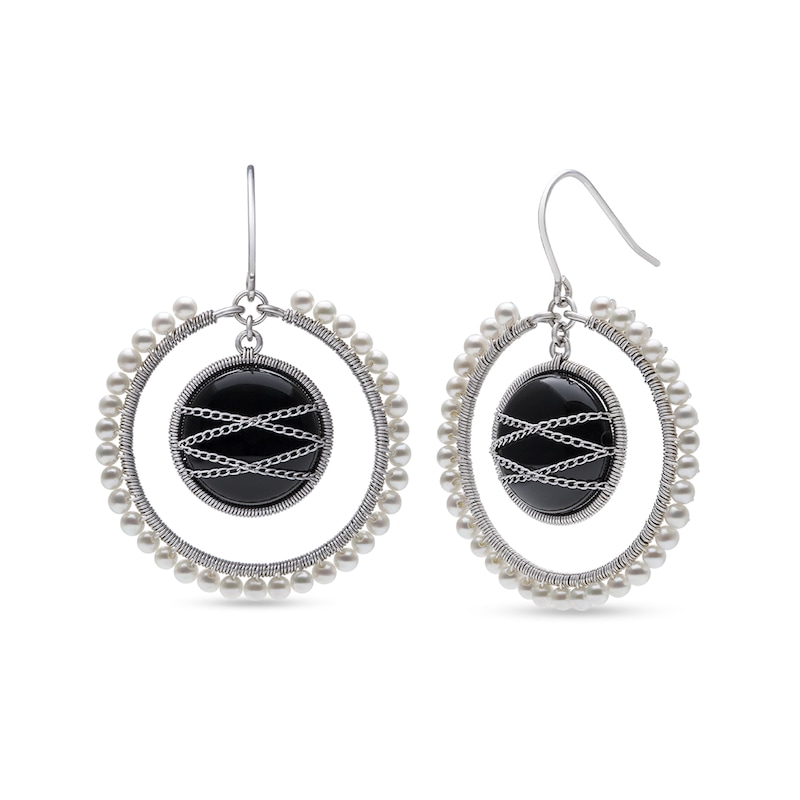 Main Image 1 of Onyx and Freshwater Cultured Pearl Edge Wire Drop Earrings in Sterling Silver