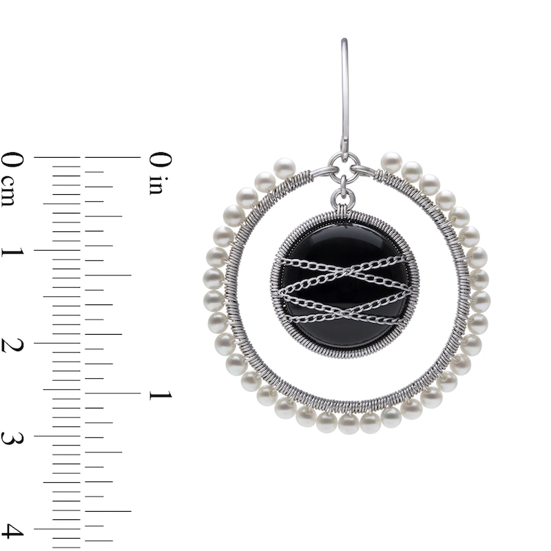 Main Image 2 of Onyx and Freshwater Cultured Pearl Edge Wire Drop Earrings in Sterling Silver