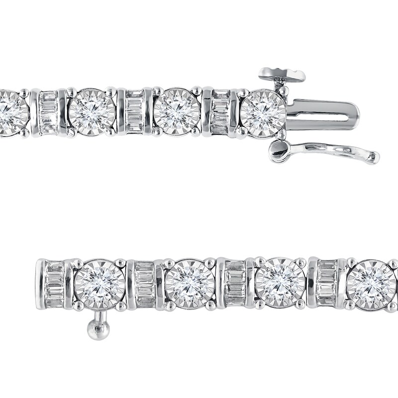 3 CT. T.W. Baguette and Round Diamond Alternating Line Bracelet in 14K White Gold – 7.5"