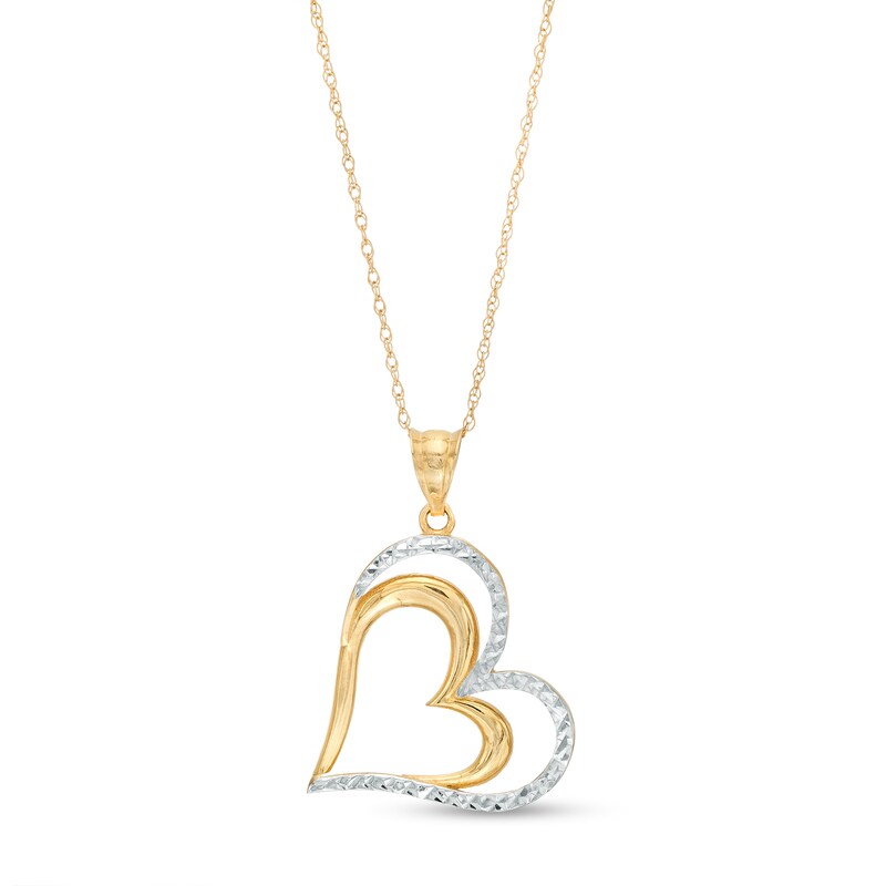 Main Image 1 of Diamond-Cut Tilted Double Heart Outline Drop Pendant in 10K Two-Tone Gold