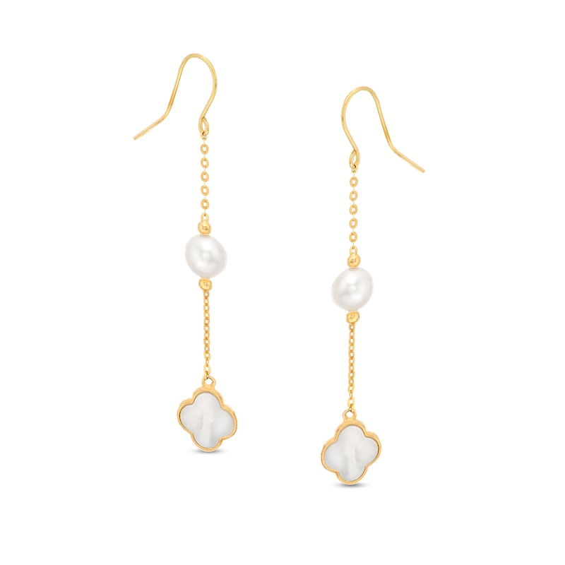 EFFY™ Collection Cultured Freshwater Pearl and Clover-Shaped Mother-of-Pearl Drop Earrings in 14K Gold