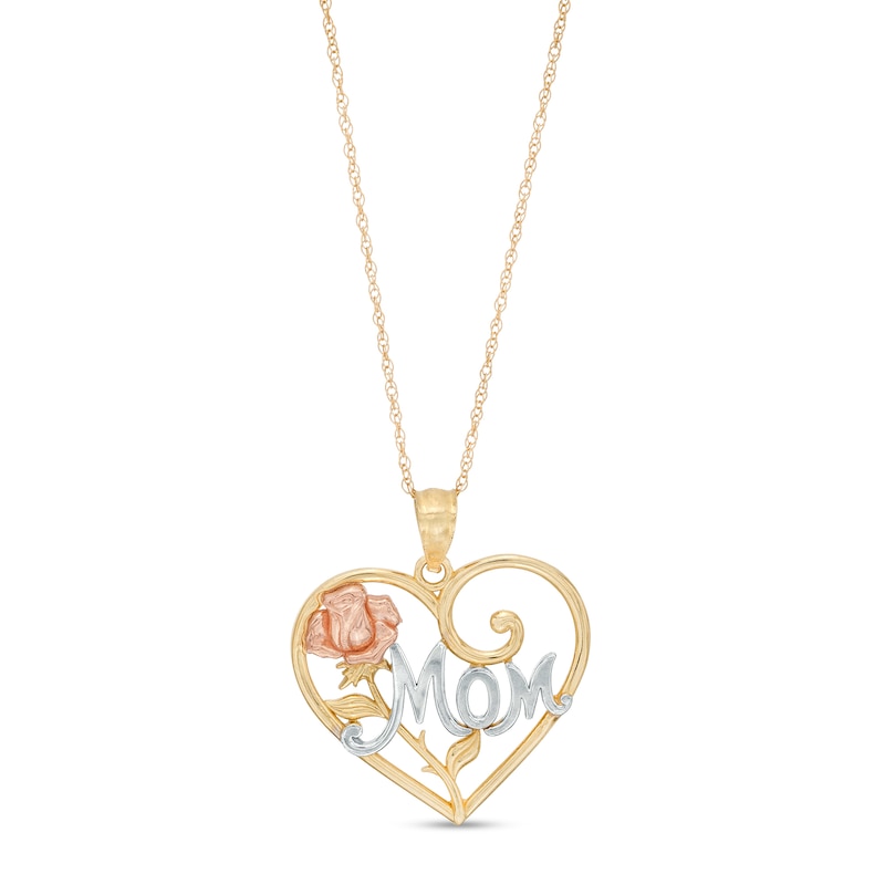 Main Image 1 of "Mom" with Long Stem Rose Swirl Heart Pendant in 10K Tri-Tone Gold