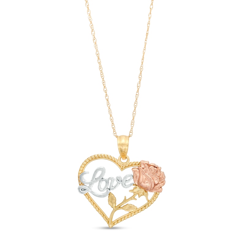 Main Image 1 of Cursive "Love" with Long Stem Rose Rope-Textured Heart Pendant in 10K Tri-Tone Gold