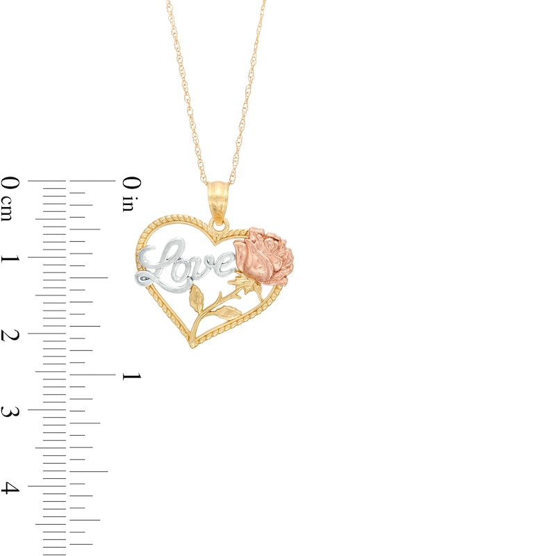 Main Image 4 of Cursive "Love" with Long Stem Rose Rope-Textured Heart Pendant in 10K Tri-Tone Gold