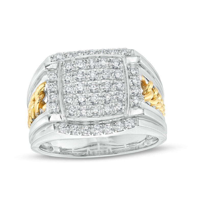 Main Image 1 of 1 CT. T.W. Cushion-Shaped Multi-Diamond Frame Curb-Style Chain Link Shank Ring in 10K Two-Tone Gold